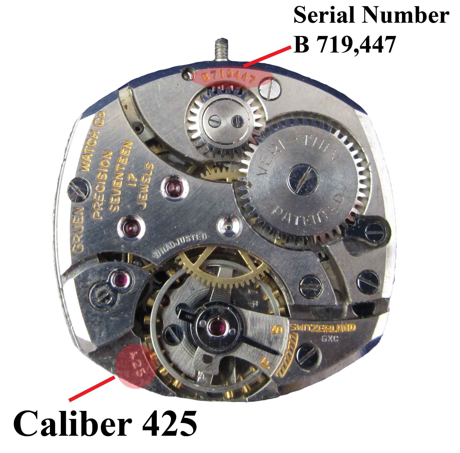 Location of serial number on Gruen Watch movement